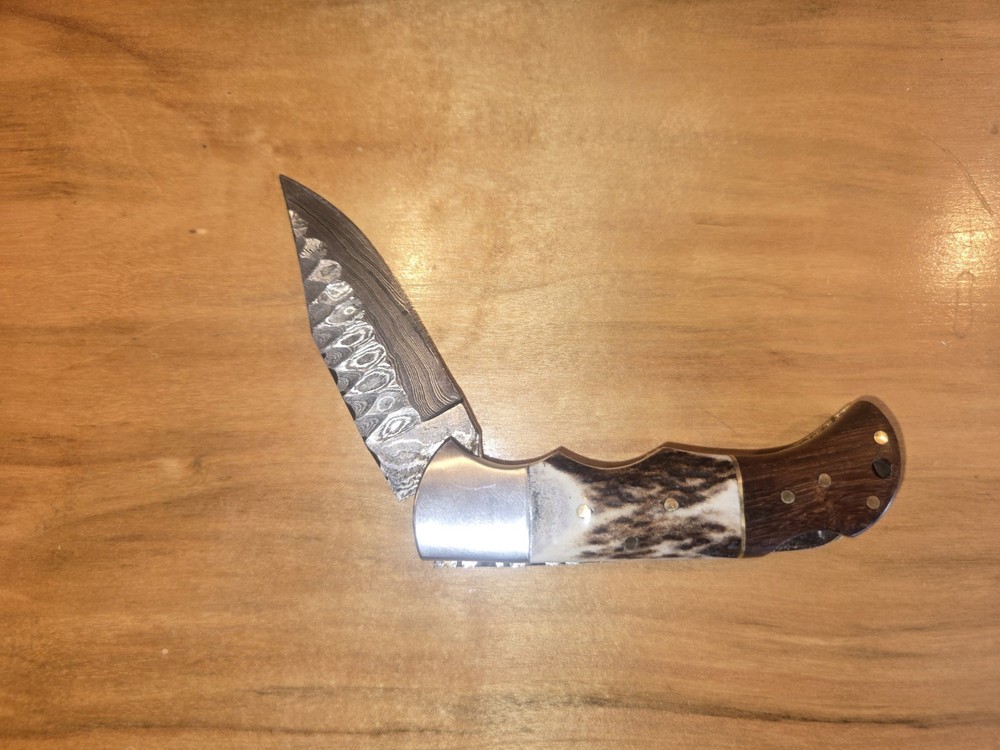 Damascus Blade Walnut Stag Handle Folding Pocket Knife With Leather Sheath