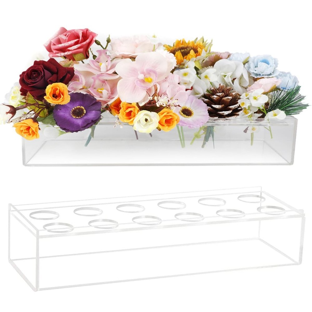 Flower Vase Acrylic Rectangular Floral Centerpiece for Dining Table, Long Rec...