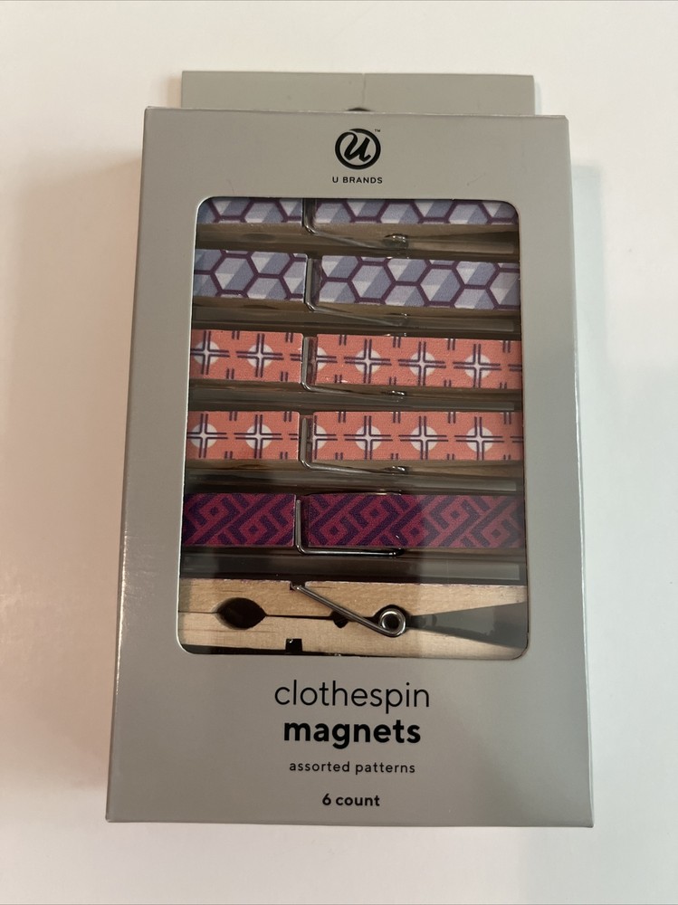 U Brands Assorted Retro Patterns Clothespin Magnets 6 Count New