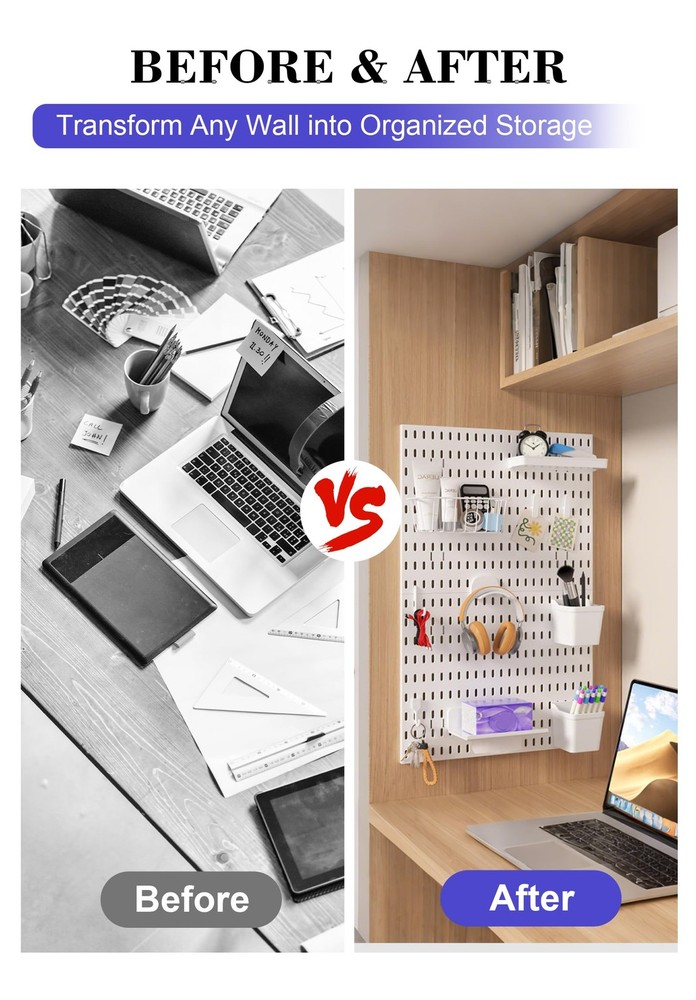 4 PCS White Pegboard Wall Organizer Set Hooks Shelves Office Kitchen Display