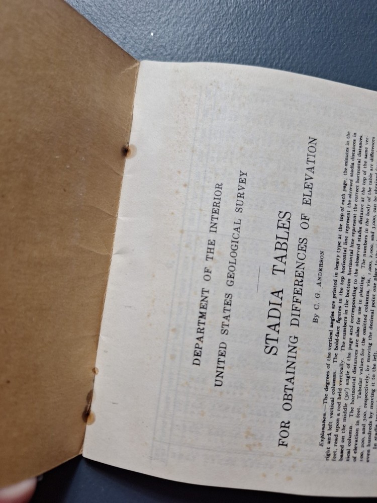 1916 Stadia Tables obtaining Differences in Elevation C.G. Anderson + foldout