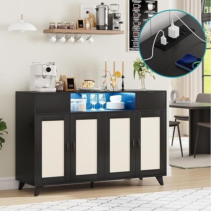Console Table Coffee Bar with Power Outlet and LED Light for Living Room Kitchen