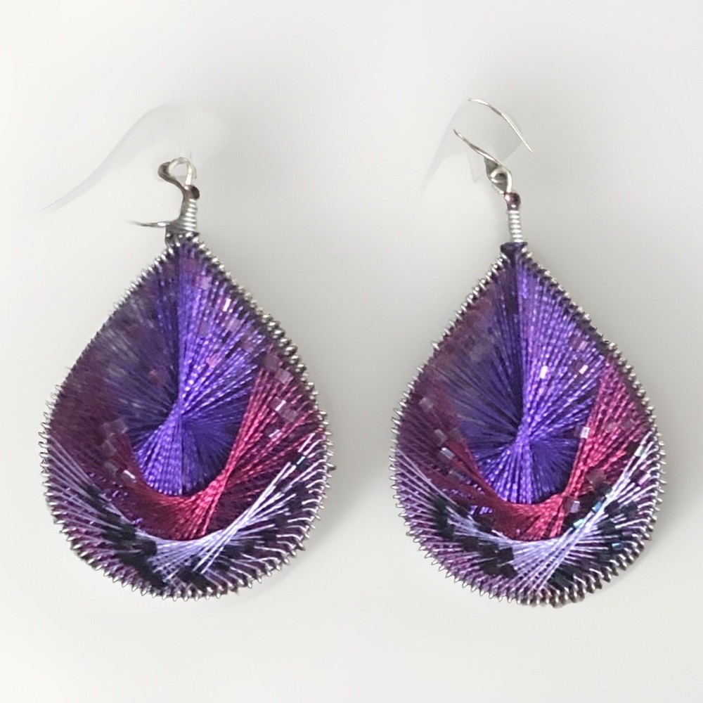 Large Silk Thread Teardrop Earring Purple Handmade Peruvian Boho