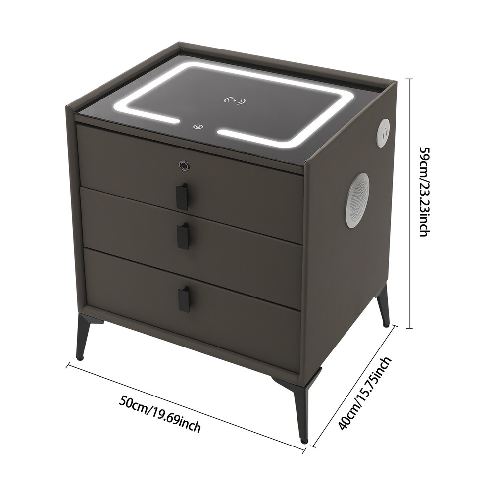 Smart Bedside Table + Three-color Light+Drawers+Usb&wireless Charging Dark Grey