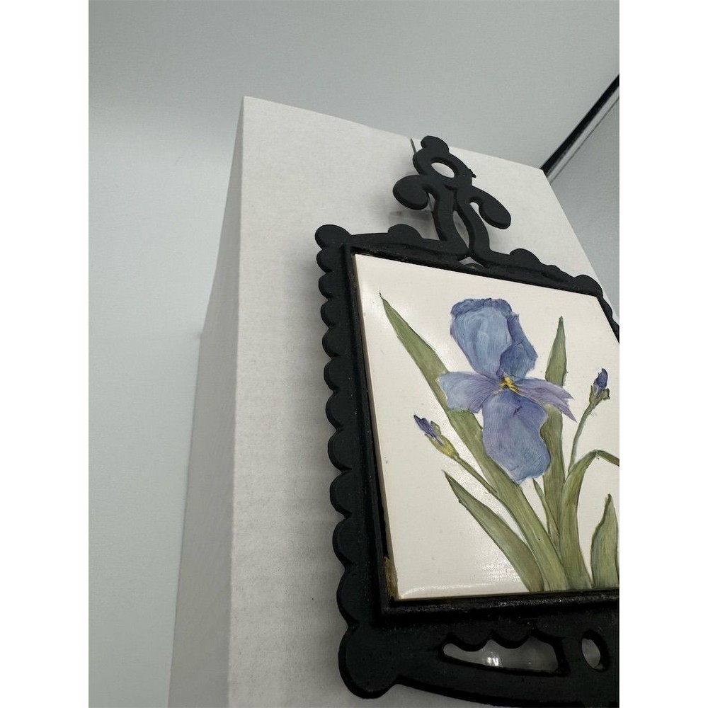 Vintage Hand-Painted Ceramic Trivet Blue Iris Design Kitchen Decor KS