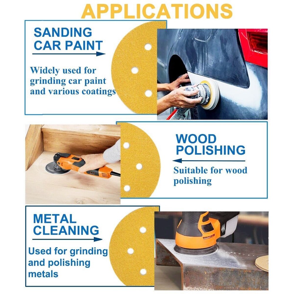100PCS 6 in Hook Loop Sanding Disc 120 Grit 6Hole Sander Sandpaper For DA Sander
