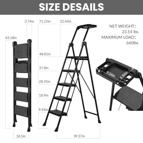 5 Step Ladder, Foldable Handrail & Tool Tray Stool Ladders with 5 step Black