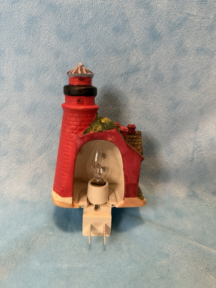 ⚓️ Nautical Lighthouse Night Light Bisque Hand Painted Red 6" tall on/off Switch