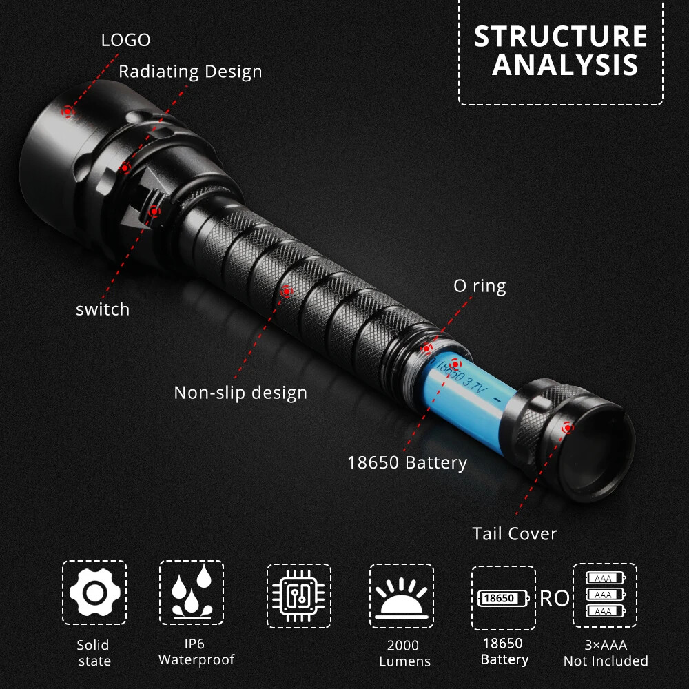 Diving Flashlight 3LED Scuba Dive Torch 300M Deep Underwater Waterproof Lantern