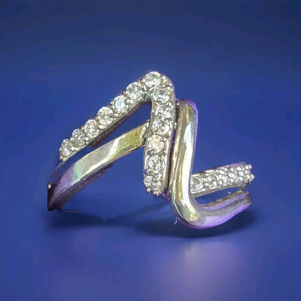 Complex Silvertone Ring Split Double Band Plain & Clear Stones Sz 10 Signed JCI