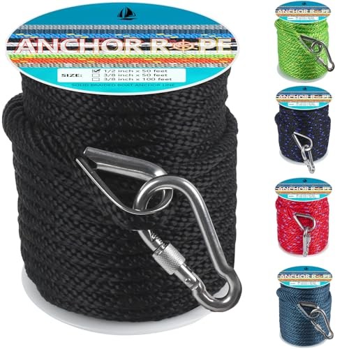1/2 Inch 50 FT Anchor Rope, Boat Anchor Rope Solid Braid MFP, 1/2inx50ft Black