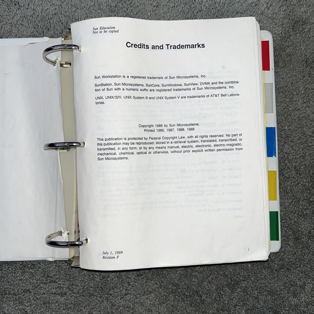 VTG 1989 SUN Microsystems SunOS Education Course For Programmers, Student Guide