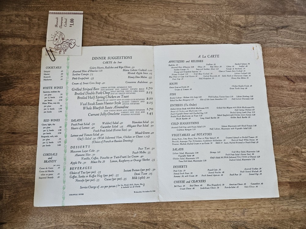 1940s The Roosevelt Restaurant Menu