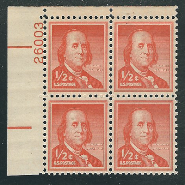 Scott #1030...1/2 Cent...Franklin...2 Plate Blocks...MNH