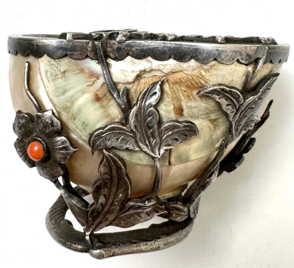 Sterling Silver Mounted Nautilus Shell CAVIAR DISH with Stones
