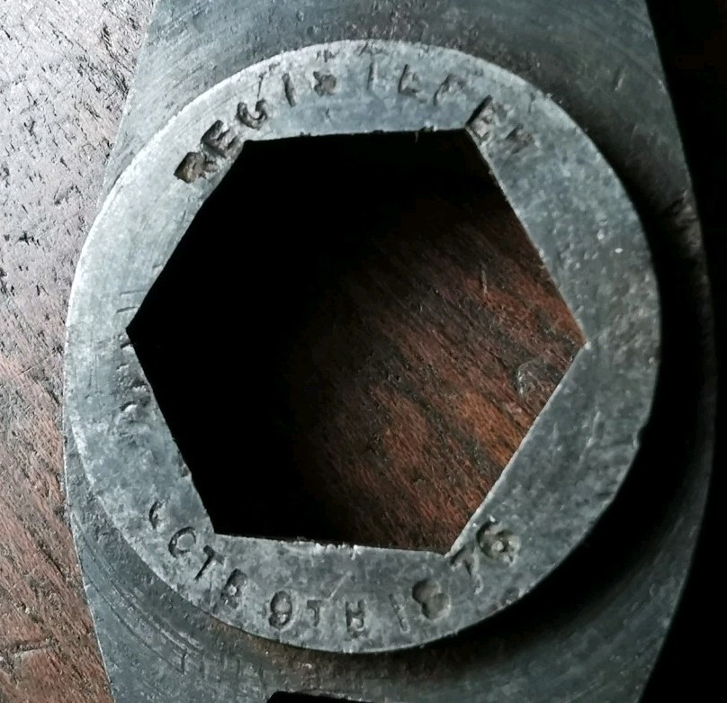 Vintage combination spanner, registered Oct. 9th 1876, slight damage.