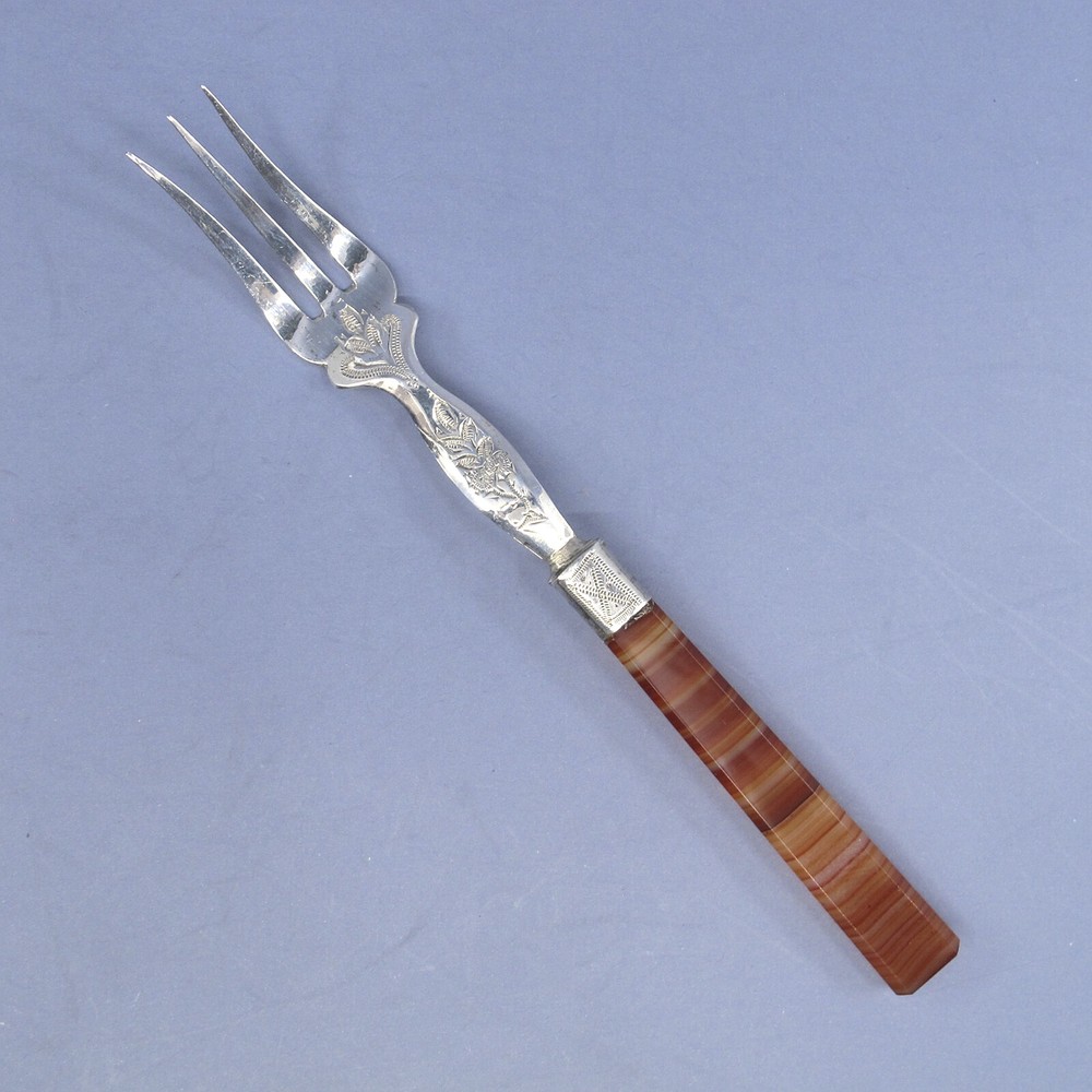 Dutch .835 Silver 3-Piece Agate Handled Serving Set 2 Forks & Server No Monogram