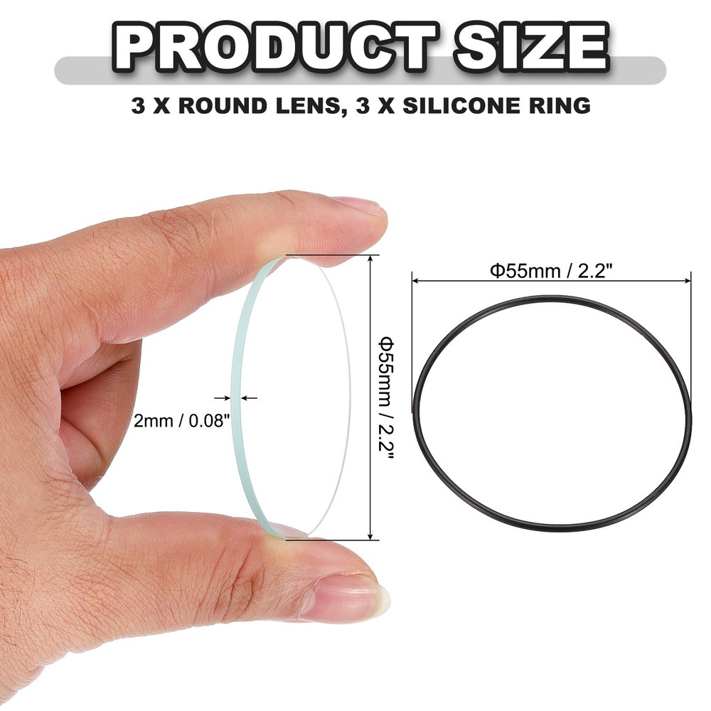2.2" Dia LED Lens, 3 Set Flashlight Replacement Glass Lens with Ring