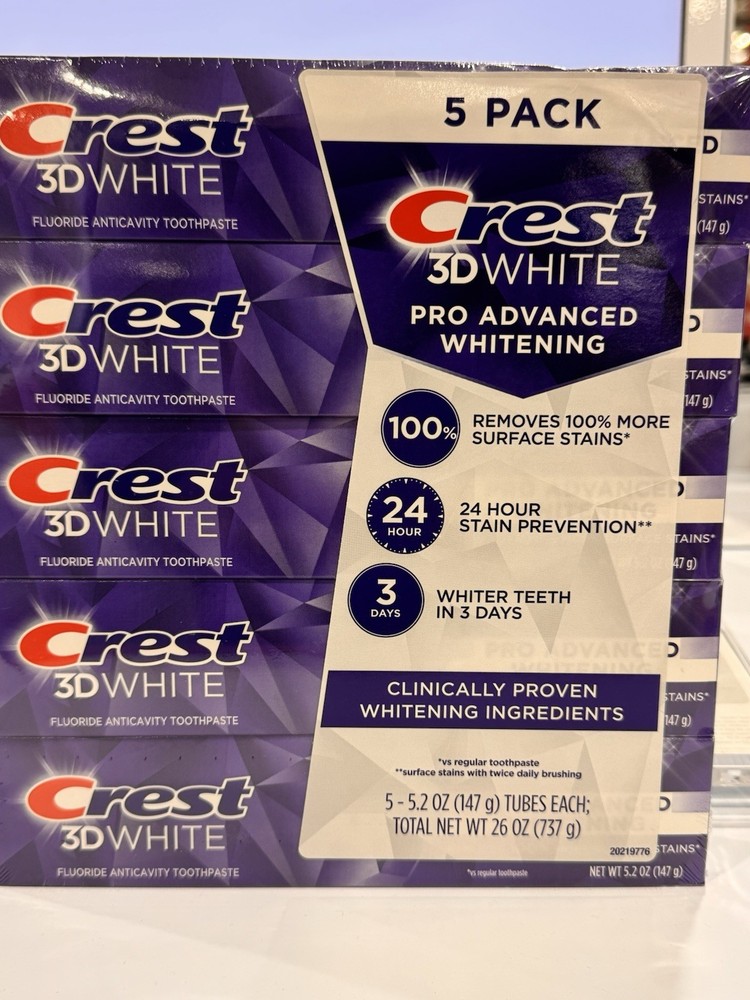 Crest 3D White Advanced Whitening Toothpaste 5 Pack 5.2oz Fluoride Mint NEW Seal