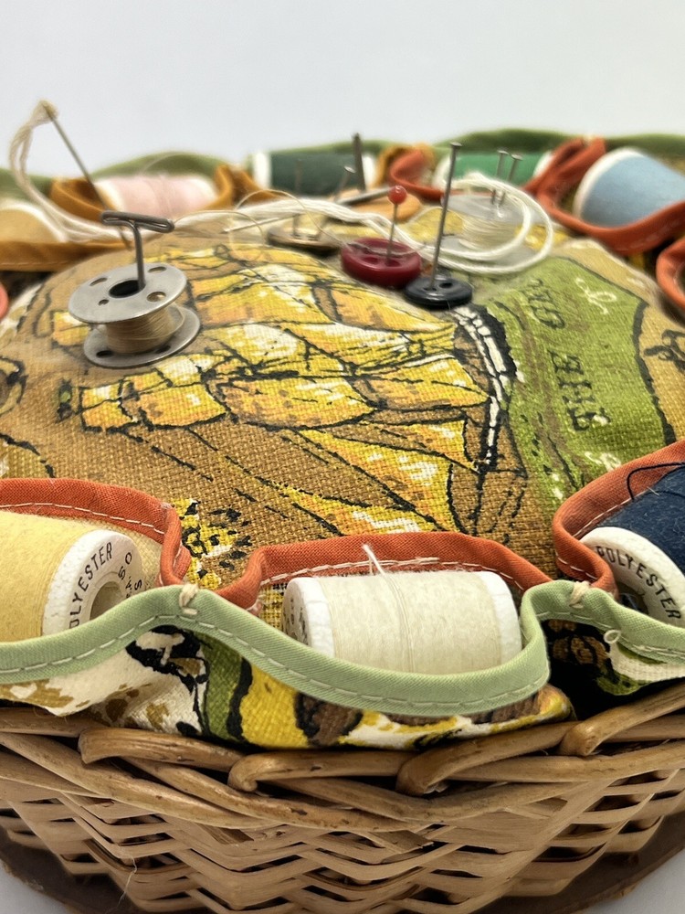 Vtg Sewing Small Basket With Handle Pin Cushion , thread, needles