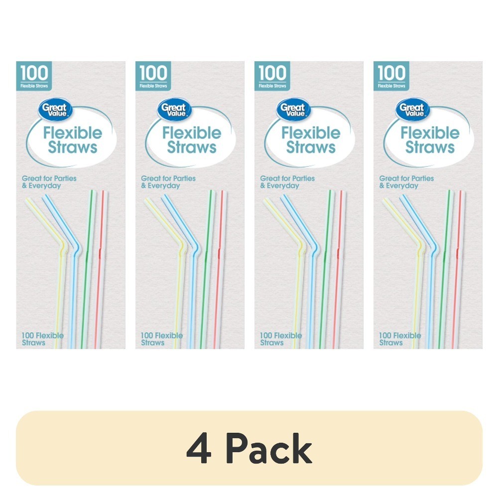 (4 pack) Plastic Disposable Flexible Straws, Multi-Color, 100 Count