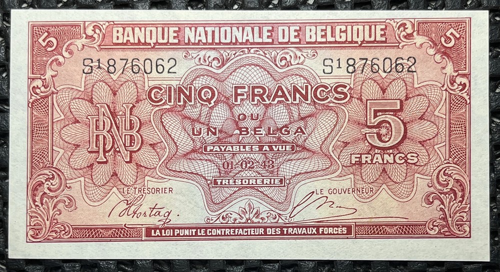 BELGIAN BELGIUM 1943 5 FRANCS UNC prefix S1