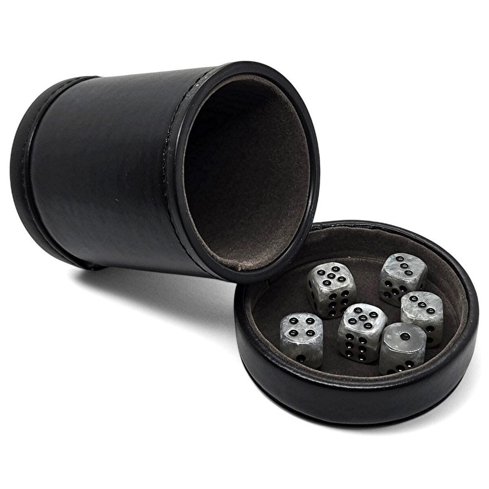 PU Leather Grey Felt Lined Cup with Lid Tray + 16mm Silver Grey Pearlized Dice