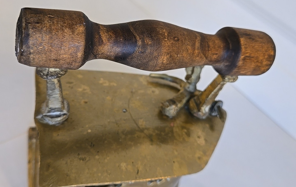 Perched Bird Design Sad Iron VTG Rustic Brass Charcoal Iron Wood Handle