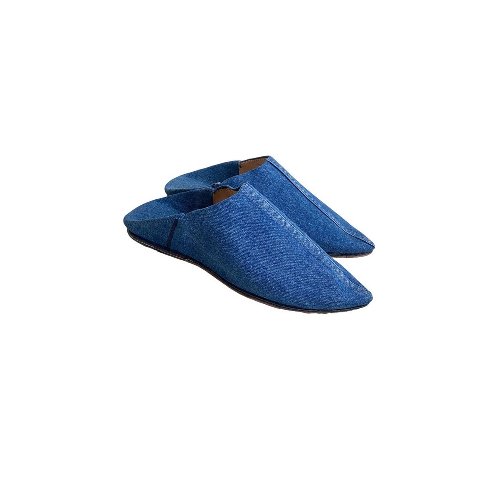 Blue Denim Moroccan Babouches Pointed Toe Leather Lining Handmade