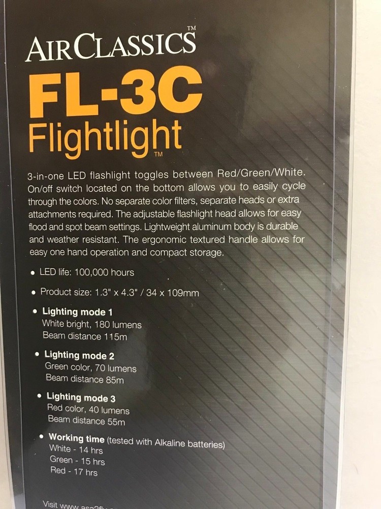 "FLIGHTLIGHT" LED PILOT FLASHLIGHT Red/Green/White by ASA, p/n ASA-FL-3C
