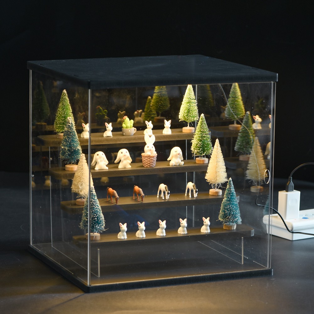 Clear Acrylic Display Case with LED Light 4 Tier Dustproof Showcase Boxes Stand