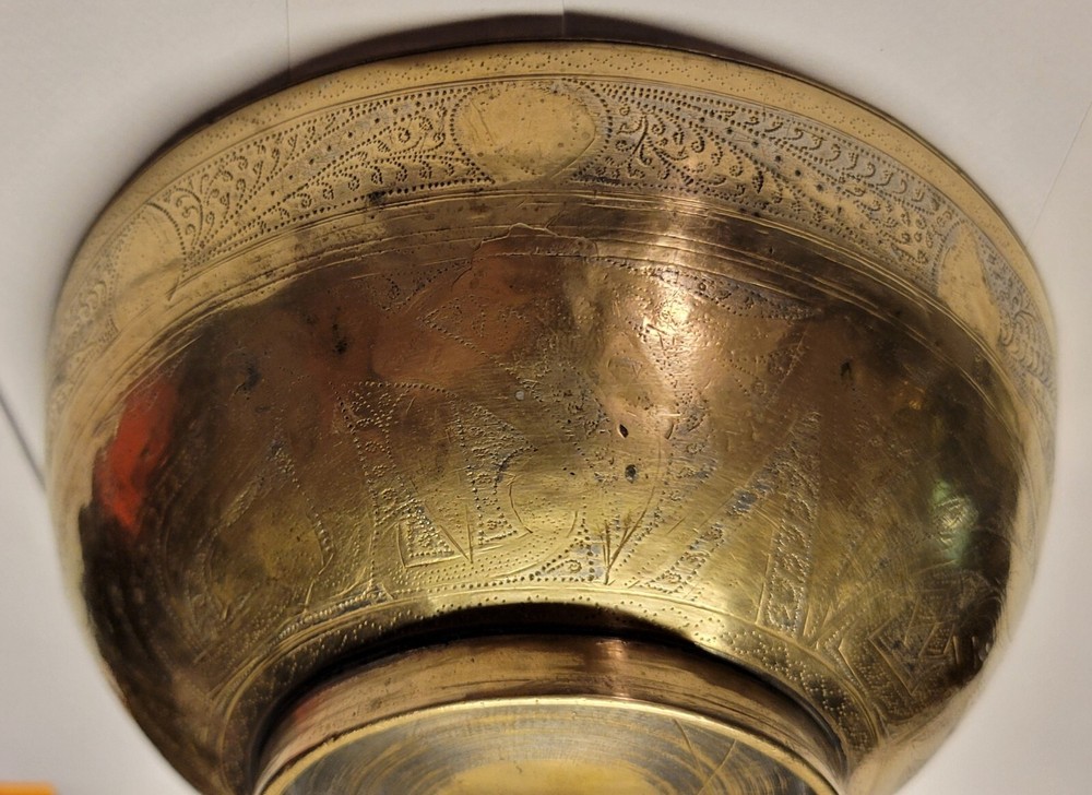 Middle Eastern Brass Cup and Bowl - With hand made design engraved in each one.
