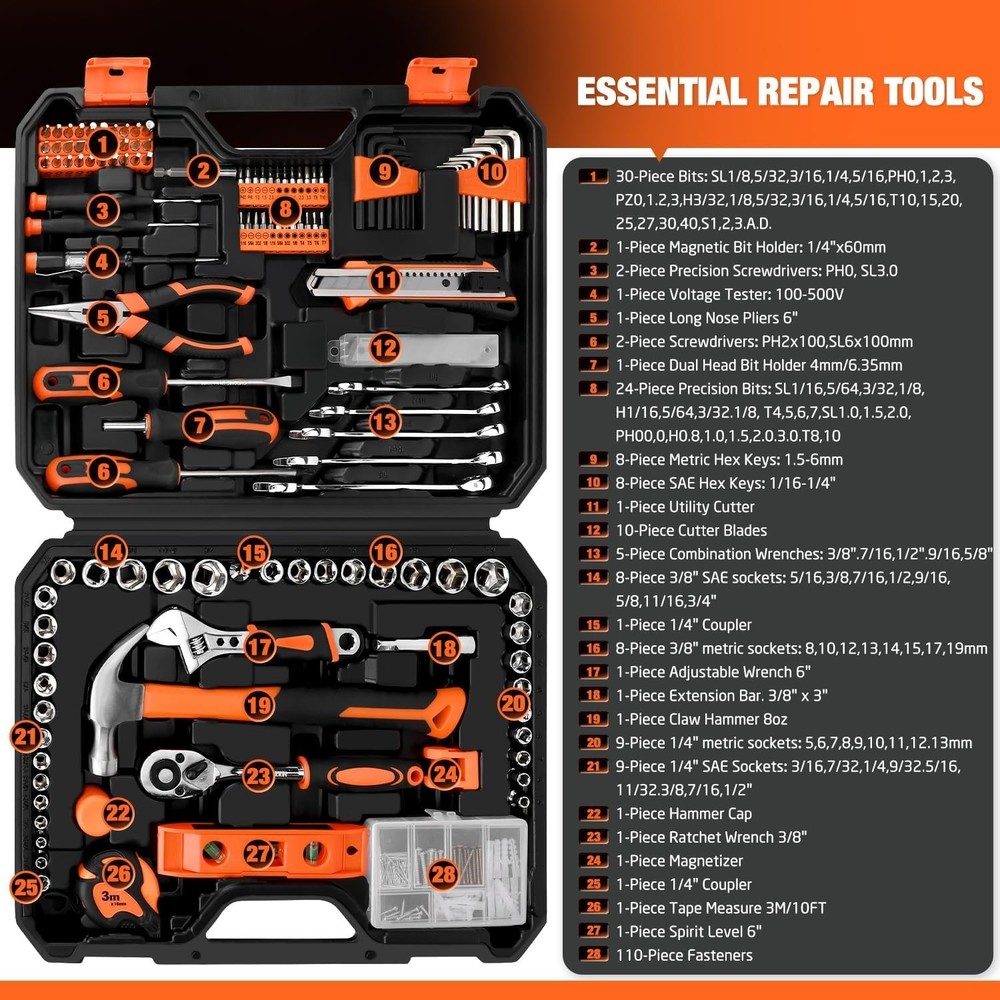 248-Piece Tool Set General Household Hand Tool Kit W/ Plastic Toolbox Storage