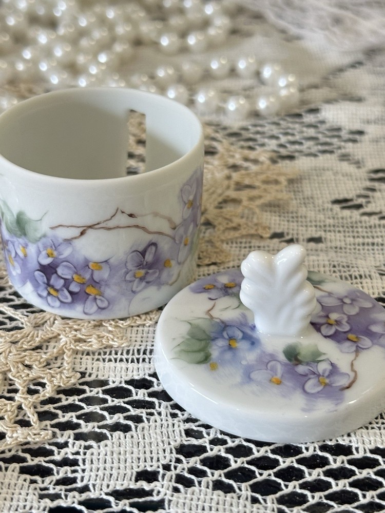 Stamp holder/porcelain Hand, Painted multiple purple, violets, signed