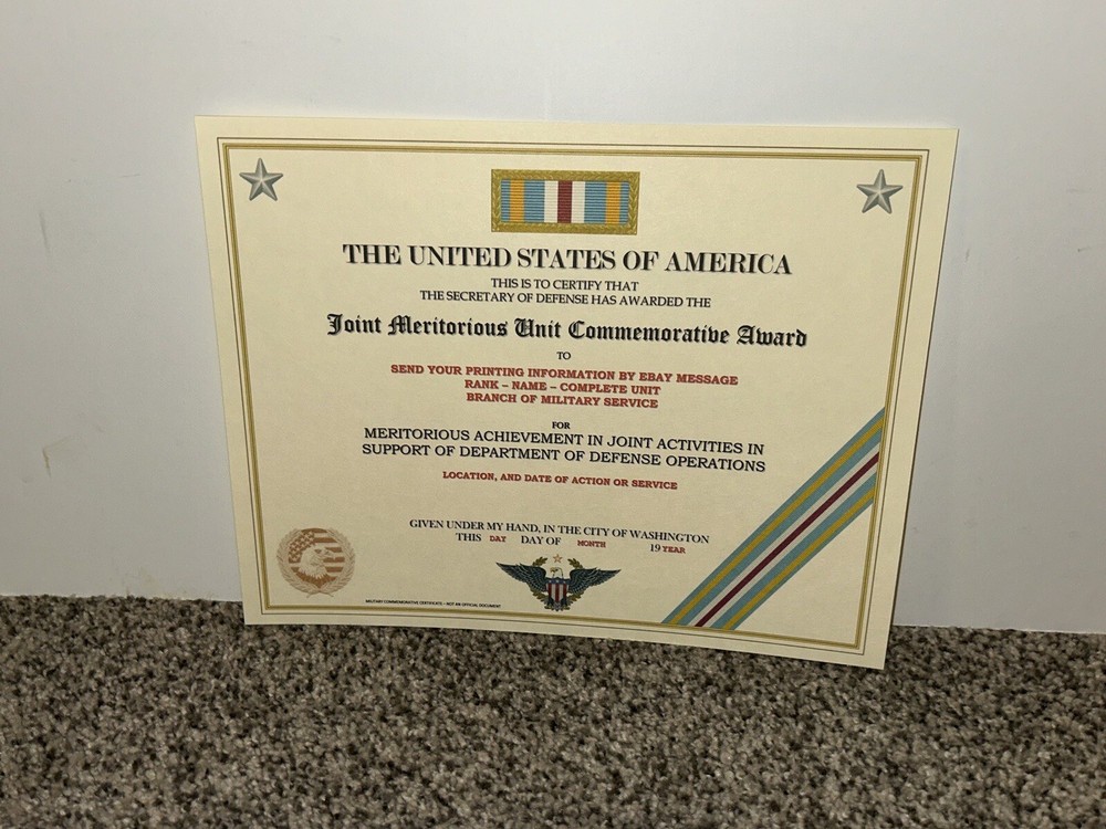 JOINT MERITORIOUS UNIT COMMEMORATIVE AWARD CERTIFICATE ~W/PRINTING T-1