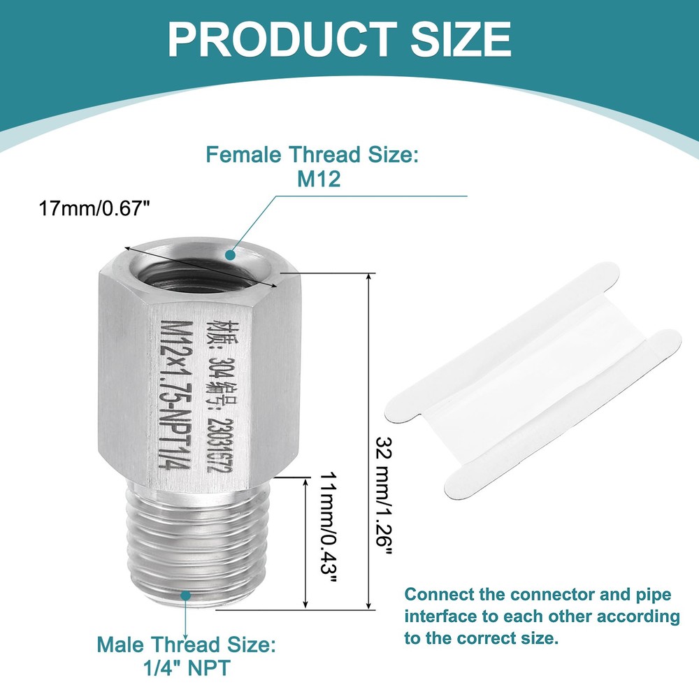 Pipe Fitting Reducing Adapter 1/4" NPT x M12 Reducer Connector Silver