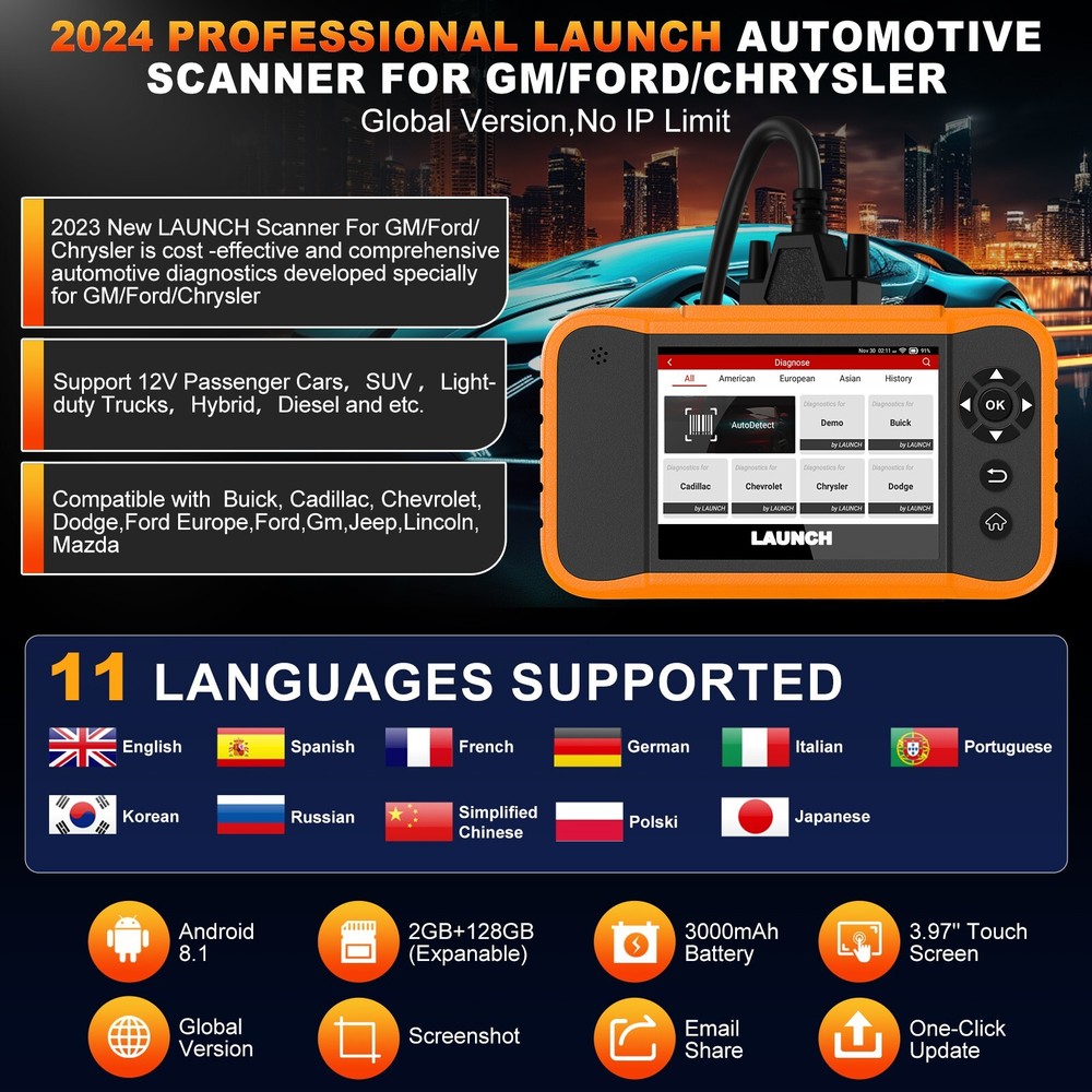 LAUNCH X431 Elite 2.0 Scanner for Ford/GM/Chrysler OBD2 Diagnostic Coding Tool