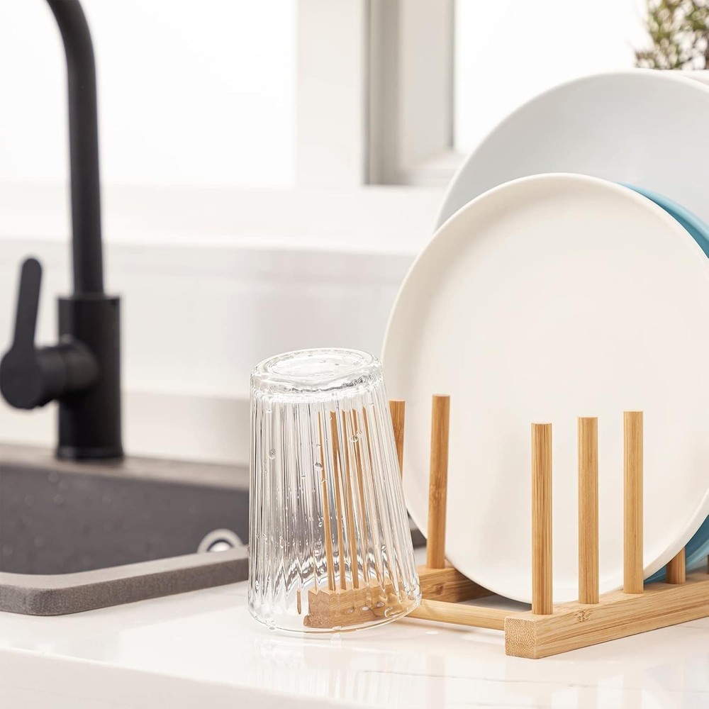 Eco-Friendly 2-Piece Bamboo Dish Rack with 8 Slots for Kitchen Organization