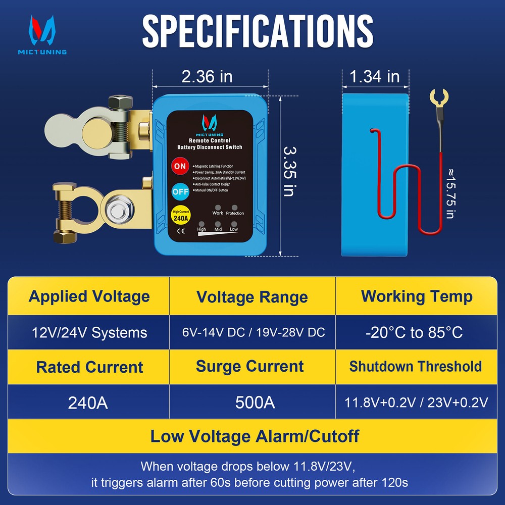 MICTUNING Remote Battery Disconnect Kill Switch Automatic 12V 240A LED Indicator