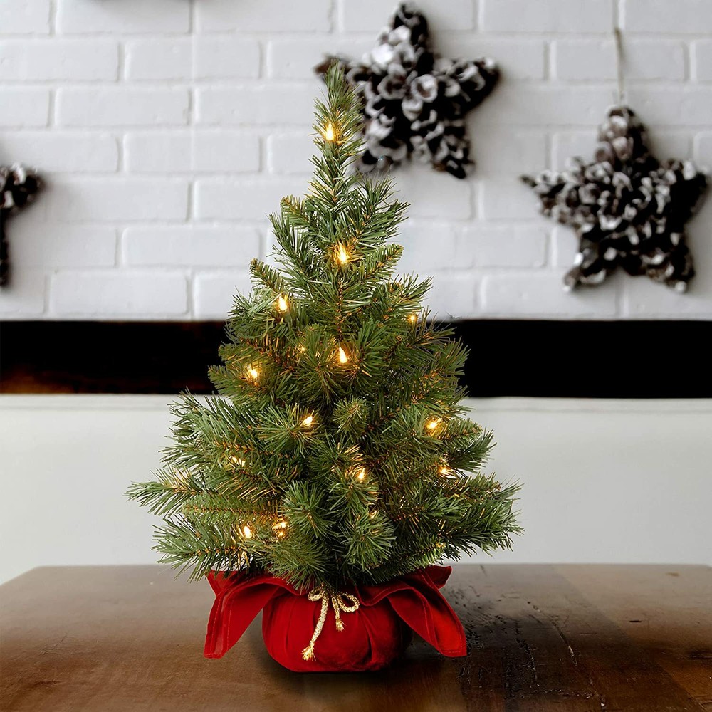 National Tree Pre-lit Artificial Mini Christmas Tree w Lights & Cloth Bag, 2 ft