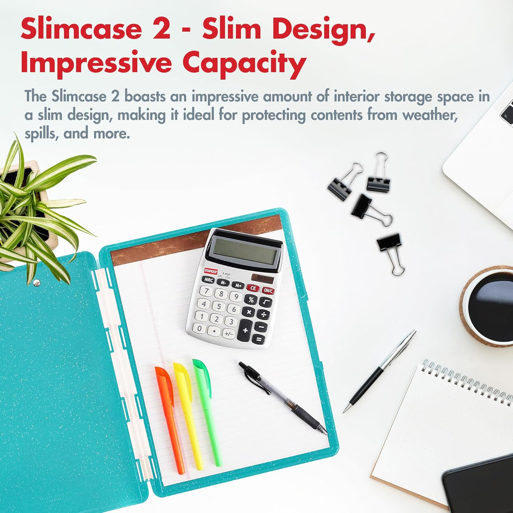 Slimcase 2 Plastic Clipboard with Storage and Side Opening, Teal Glitter, Office