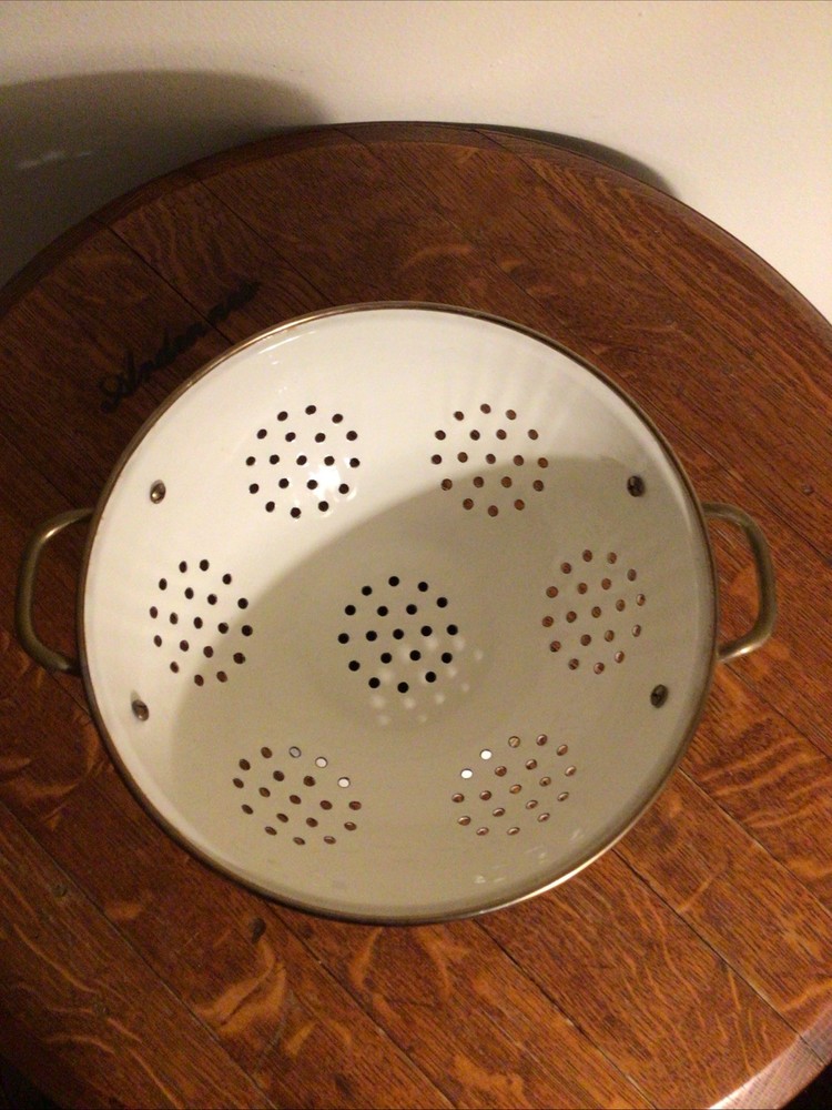 Vintage Cornucopia Enamel & Brass Colander Strainer with Mixed Fruit Design 9"