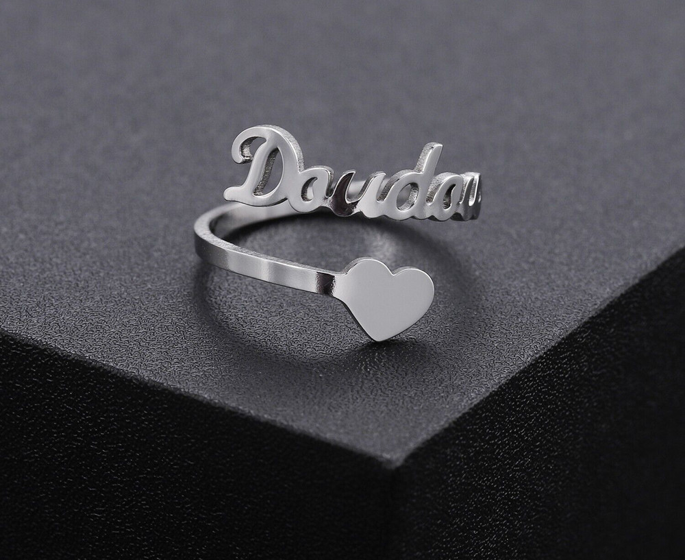 Customized Heart Name Ring Adjustable Personalized Jewelry Silver Gold Love Gift