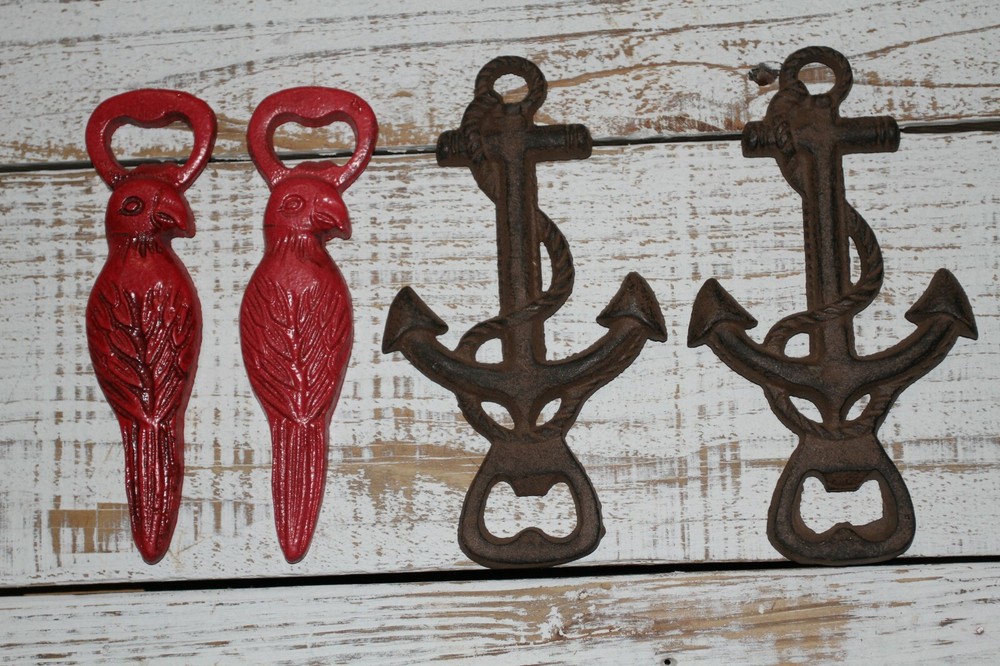 Parrot / Anchor Bottle Openers, Cast Iron, 4 items DB