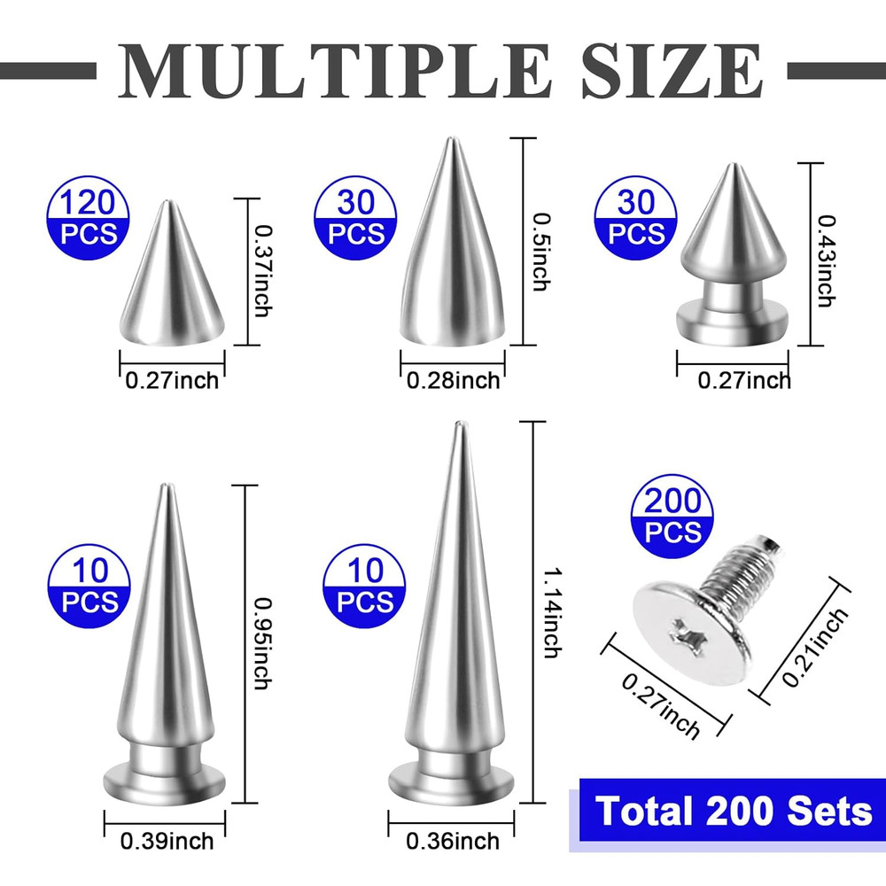 200 Sets Cone Spikes and Studs Silver Screwback Studs Rivets Metal Tree Spikes S