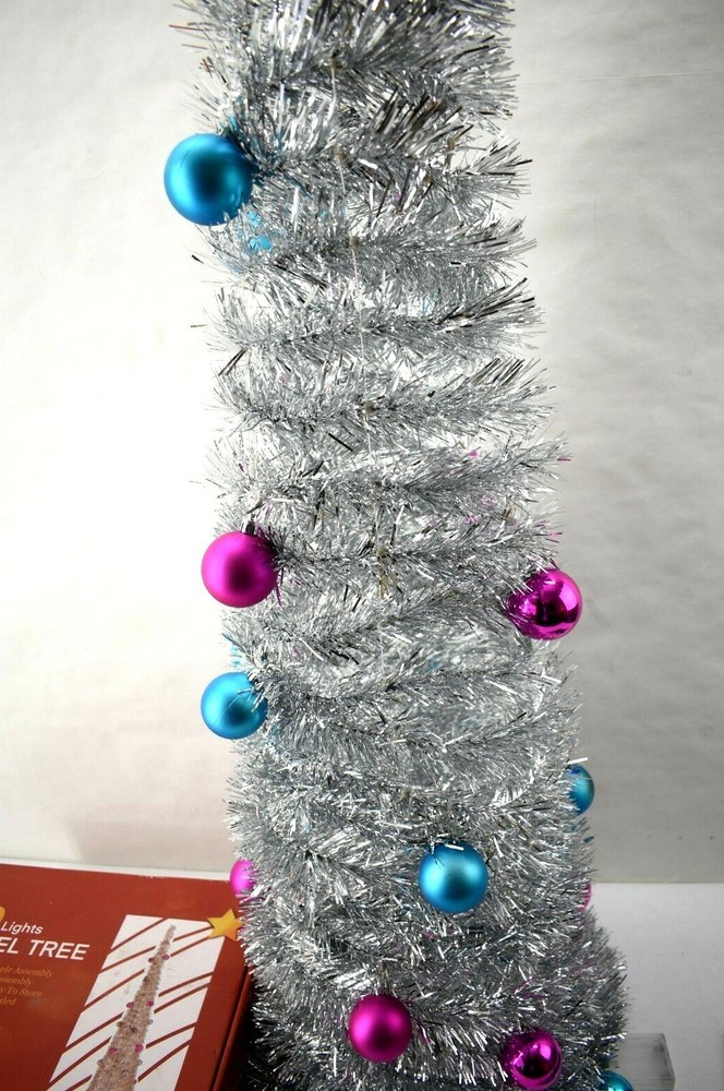 Tinsel Pre Lit Quick Assembly Christmas Tree Color Lights Timer Party Silver 5'
