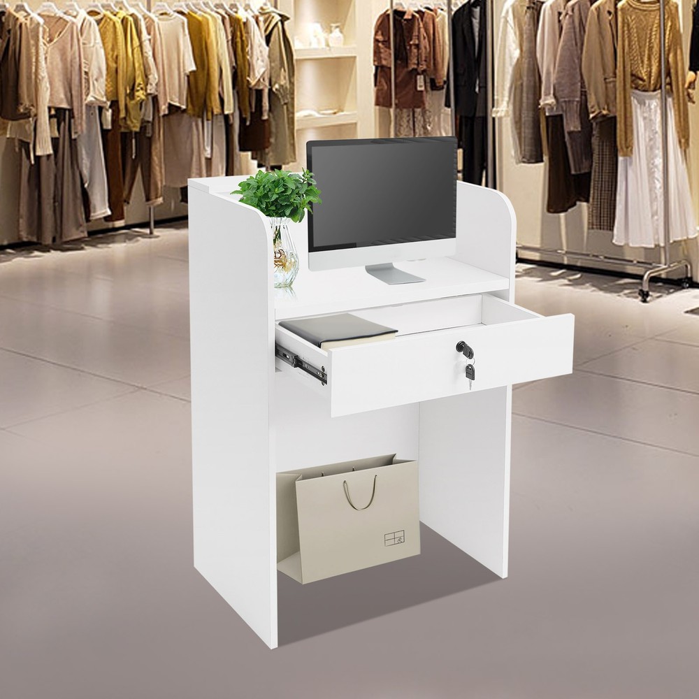 Modern Warm White Reception Desk, Reception Counter With a Lockable Drawer