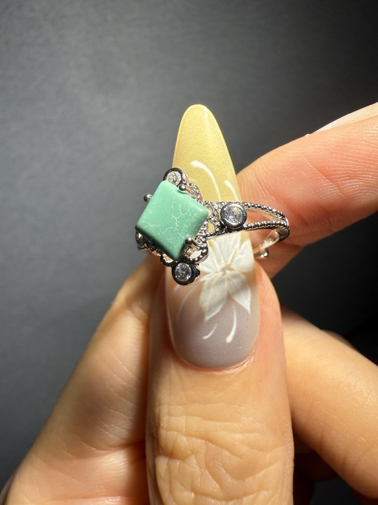 Natural Hubei Turquoise Square Ring / Silver- plated/adjustable