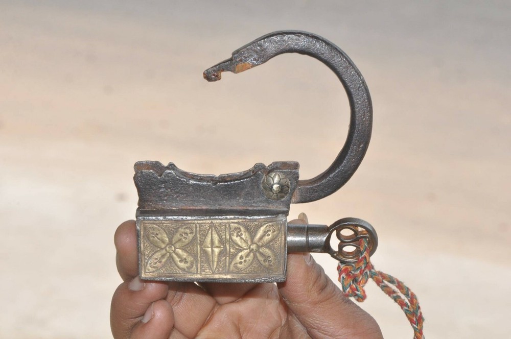 Vintage Iron Rectangular Brass Fitted Engraved Hnadcrafted Screw Padlock