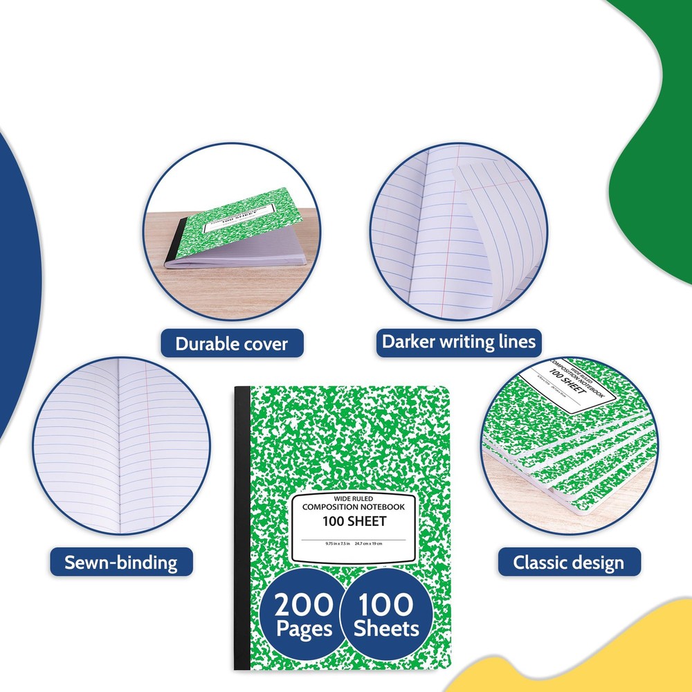Bulk Composition Notebooks, 4 Pack, Wide Ruled, 200 Pages, Green